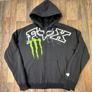 Rare!!! Vintage Fox Racing x Monster Energy Hoodie XL Fur Full Zip Y2K Grunge